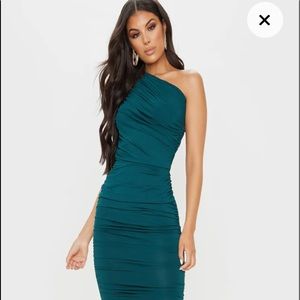 Emerald Green Slinky Ruched One Shoulder Long Midi